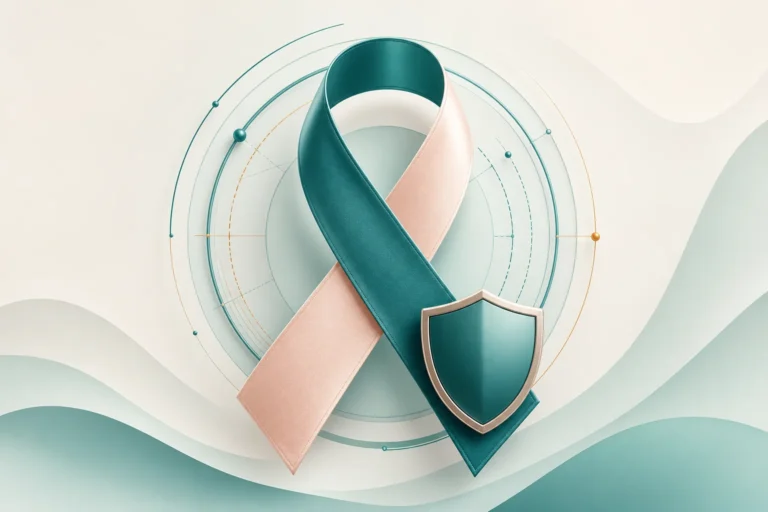 Teal and blush awareness ribbons with a protective surgical-care symbol.