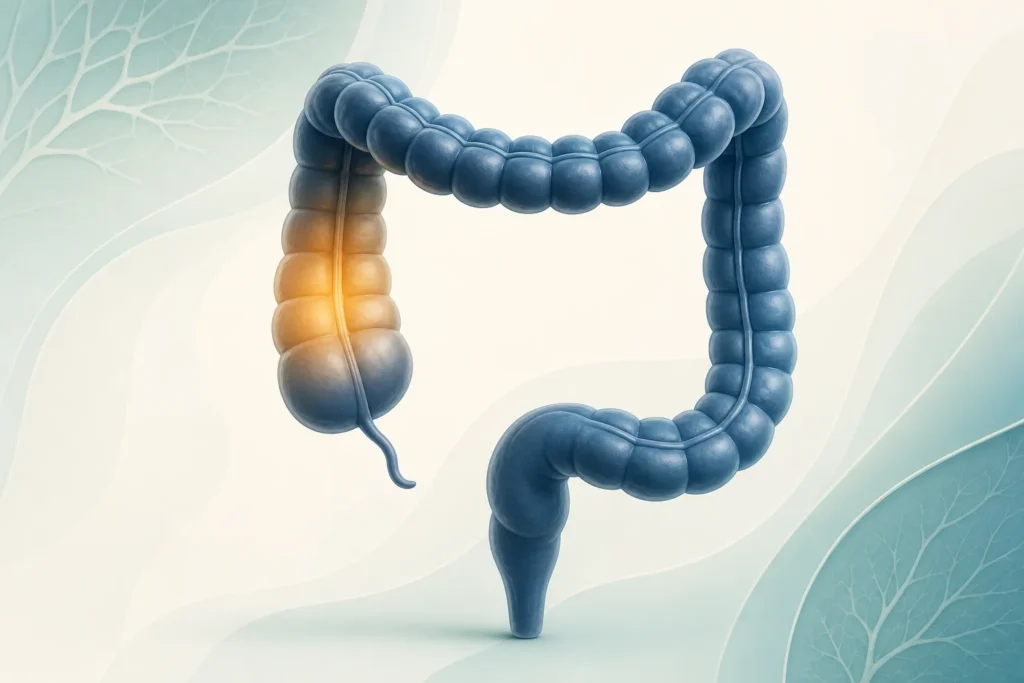 Editorial medical illustration of the colon.
