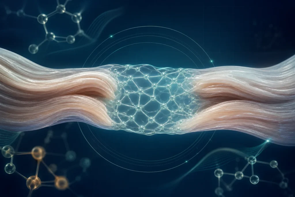 Scientific illustration of a protective cross-linked gel lattice between tissue layers.