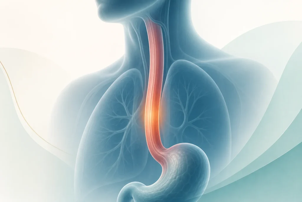 Editorial medical illustration of the esophagus.