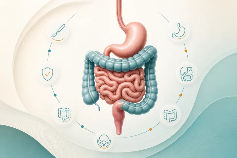 Editorial medical illustration representing coordinated gastrointestinal cancer surgery.