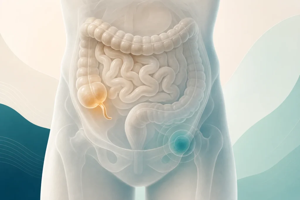 Editorial medical illustration highlighting the appendix and lower abdominal wall.