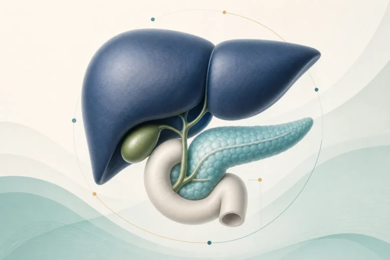 Editorial medical illustration of the liver, pancreas, gallbladder, and bile ducts.