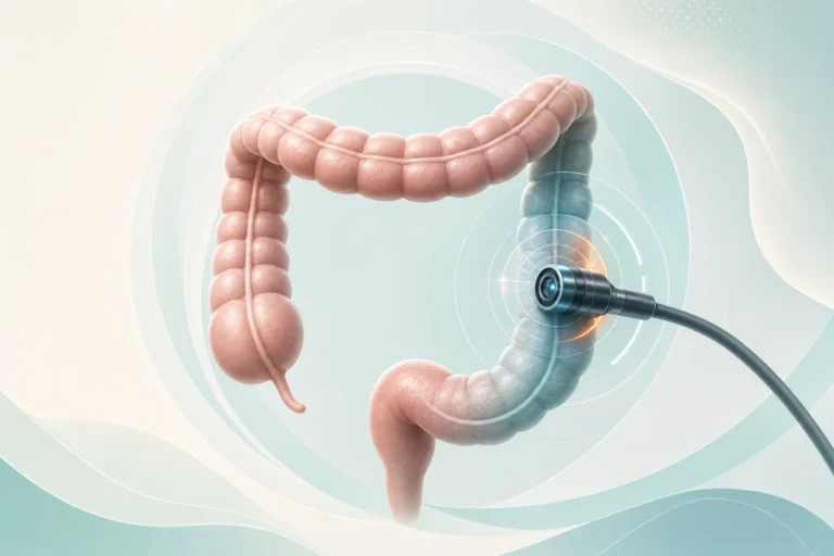 Editorial medical illustration representing colorectal surgical care.