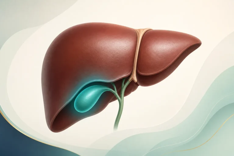 Editorial medical illustration of the liver and gallbladder.