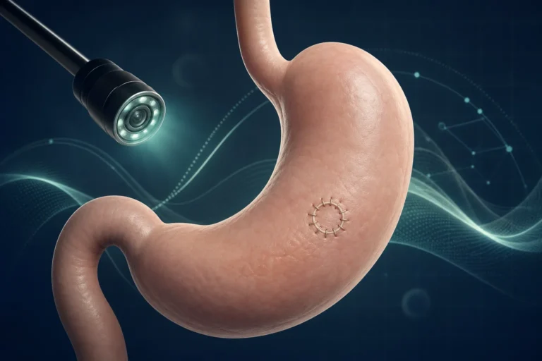 Scientific illustration of laparoscopic repair research involving the stomach.