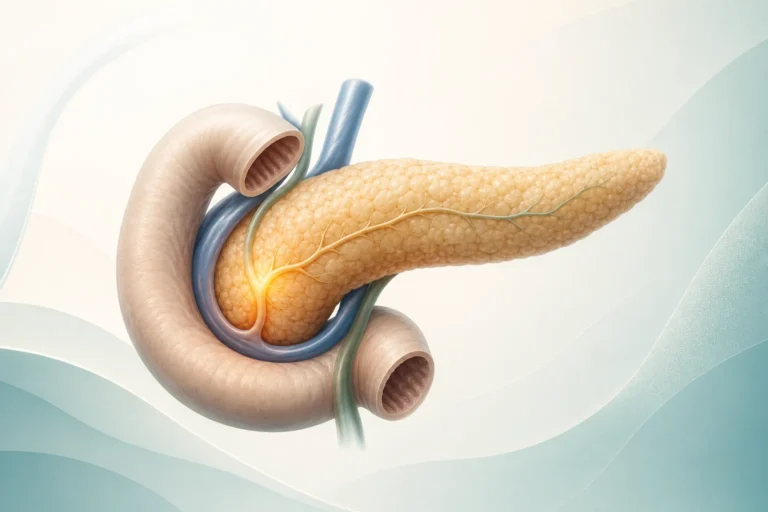 Editorial medical illustration of the pancreas and duodenum.