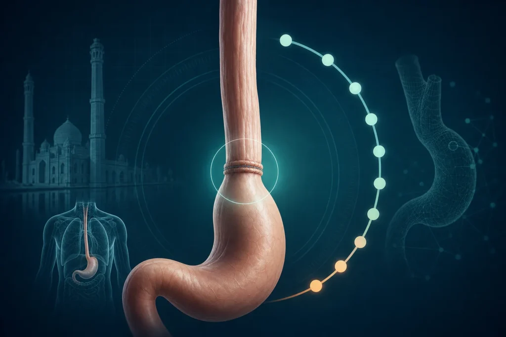 Scientific illustration representing esophageal reconstruction and long-term clinical research.