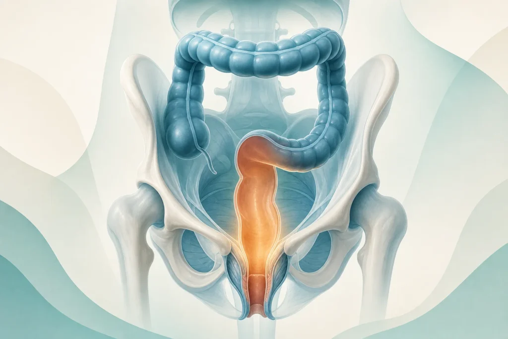 Editorial medical illustration highlighting the rectal region.