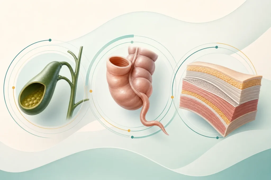 Editorial medical illustration representing gallbladder, appendix, and abdominal wall care.