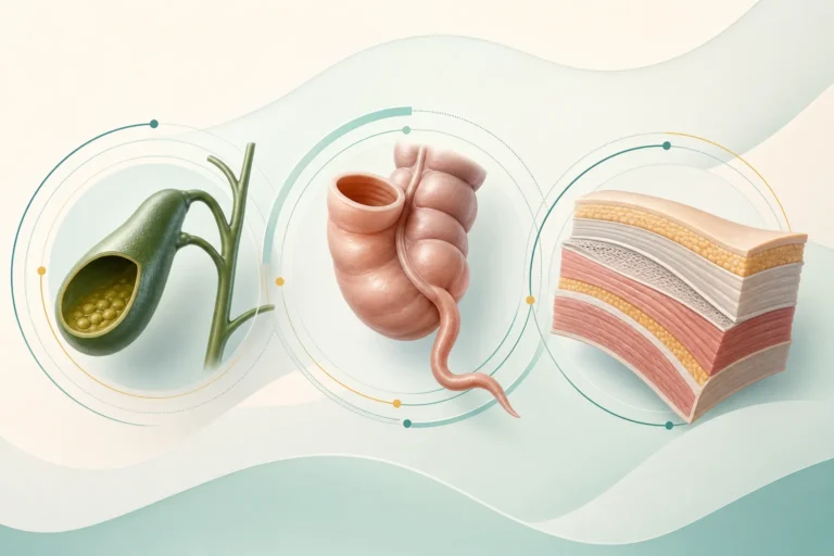 Editorial medical illustration representing gallbladder, appendix, and abdominal wall care.