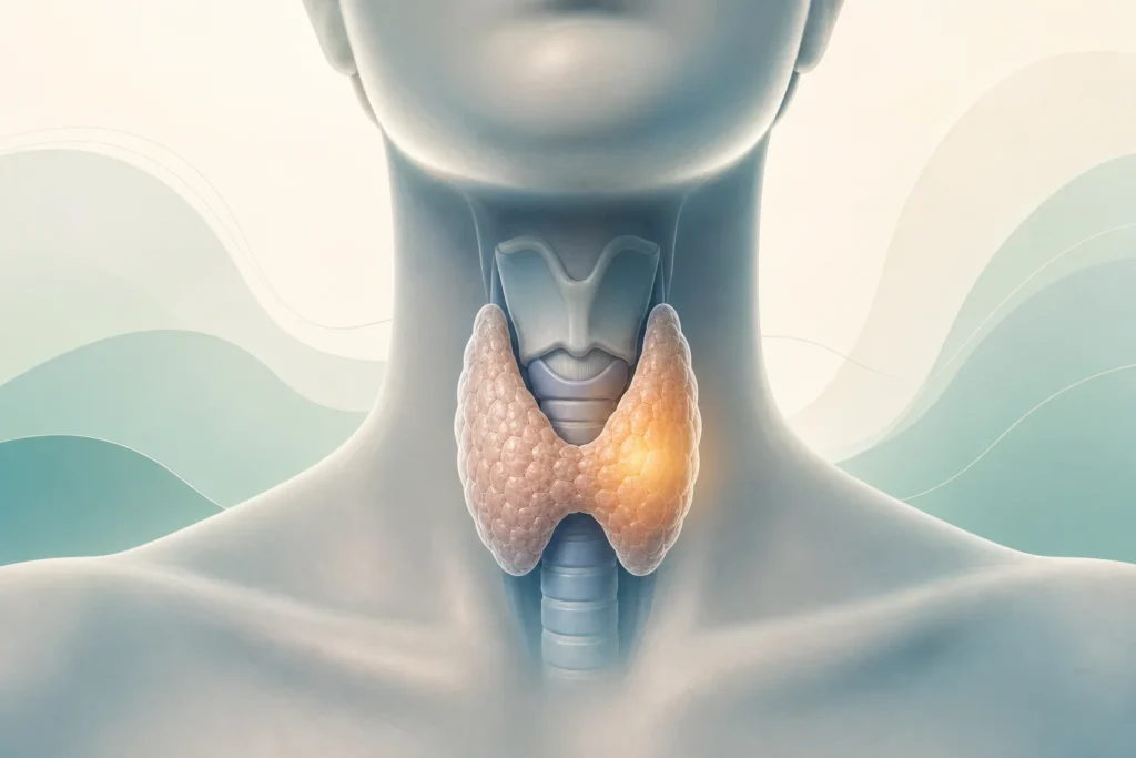 Editorial medical illustration of the thyroid gland.