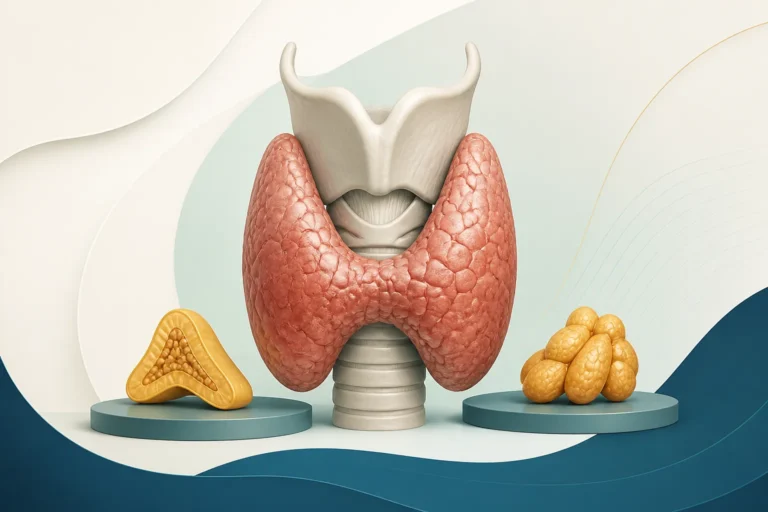 Editorial medical illustration representing thyroid and endocrine surgical care.